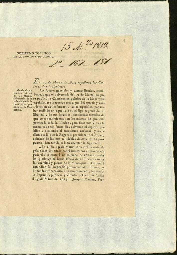 Miniatura de Decreto de las Cortes Generales en el que se ordena solemnizar el día 19 de marzo, aniversario de la publicación de la Constitución Política de la Monarquia.