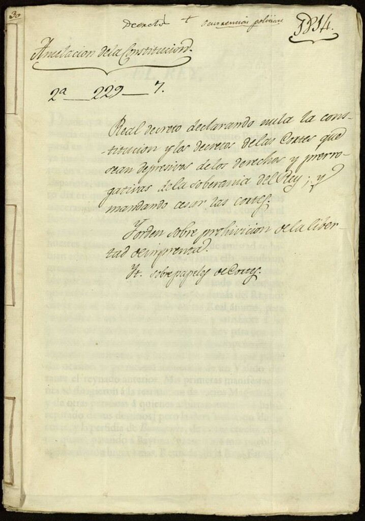 Miniatura de Real Decreto declarando nula la constitución de los derechos de las cortes que sean depresivas de los derechos y prerrogativas de la soberanía de Rey y mandando cesar las Cortes