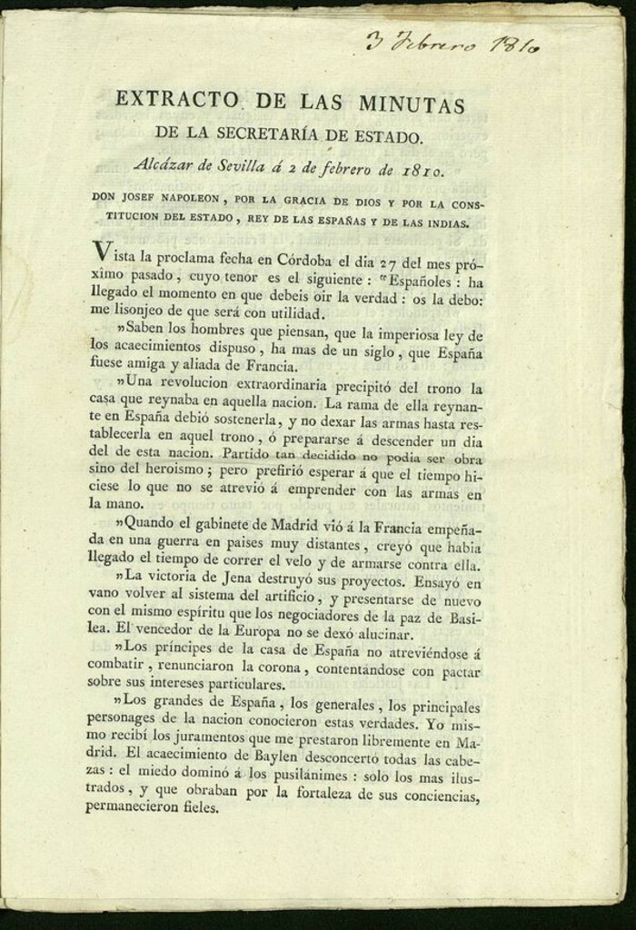 Miniatura de Extracto de las Minutas de la secretaría del Estado a 2 de febrero de 1810.