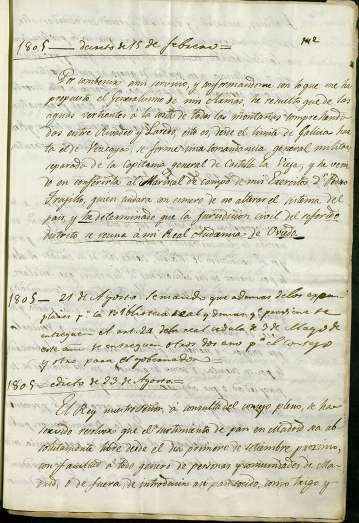 Miniatura de Por combenir [sic] ami [sic] servicio, y conformandome con lo que me ha propuesto el Generalisimo de mis Armas, he resuelto que de las aguas vertientes á la costa...comprehendidas entre Rivadeo y Laredo...se forme una comandancia general militar separada de la Capitanía general de Castilla la Vieja...[manuscrito]