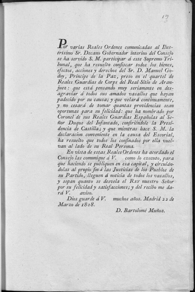 Miniatura de Por varias Reales Ordenes comunicadas al Ilustrísimo Sr. Decano Gobernador interino del Consejo se ha servido S.M. participar á este Supremo Tribunal, que ha resuelto confiscar todos los bienes, efectos, acciones y derechos del Sr. D. Manuel Godoy ...