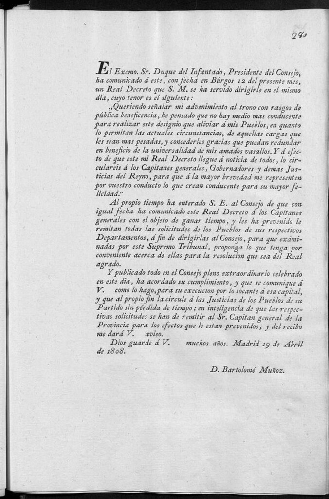 Miniatura de El Excmo. Sr. Duque del Infantado, Presidente del Consejo, ha comunicado á este, con fecha en Búrgos 12 del presente mes, un Real Decreto...