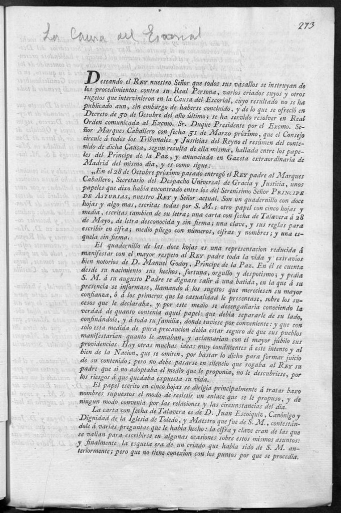 Miniatura de Deseando el Rey nuestro señor que todos sus vasallos se instruyan de los procedimientos contra su Real Persona, varios criados suyos y otros sugetos que intervinieron en la Causa del Escorial (...),