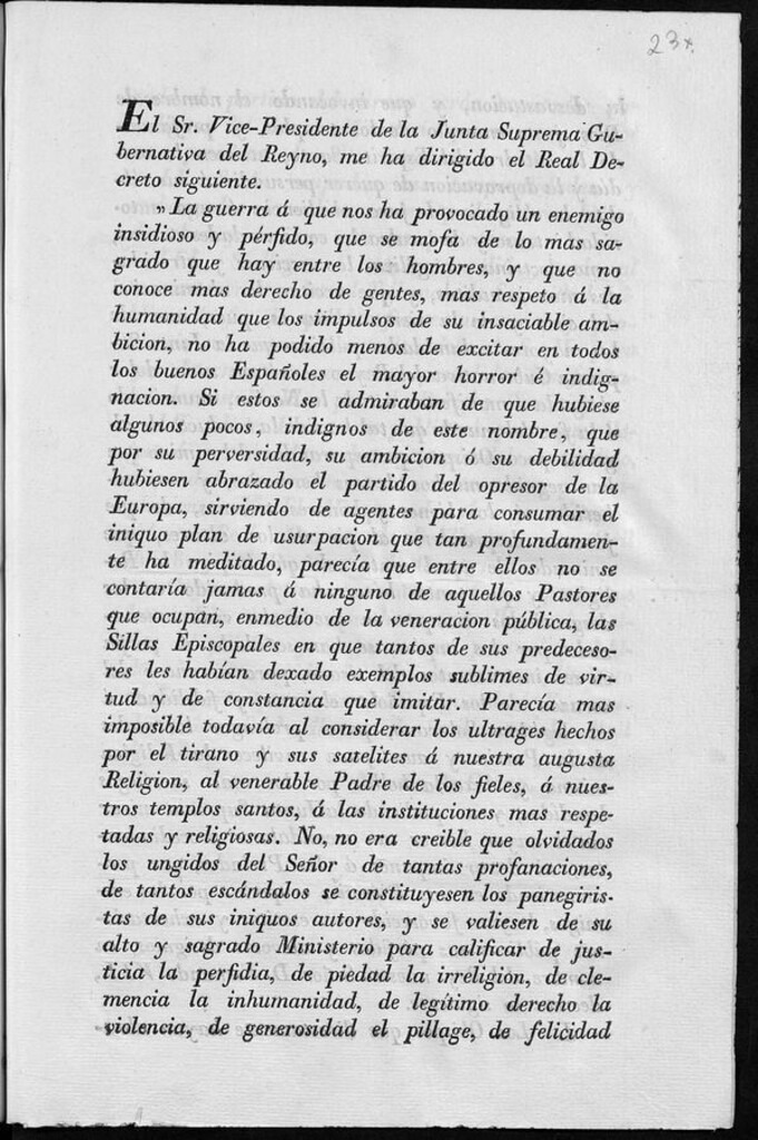 Miniatura de El Sr. Vice-Presidente de la Junta Suprema Gubernativa del Reyno me ha dirigido el Real Decreto siguiente, "la guerra á que nos ha provocado un enemigo insidioso y pérfido que se mofa de lo más sagrado…