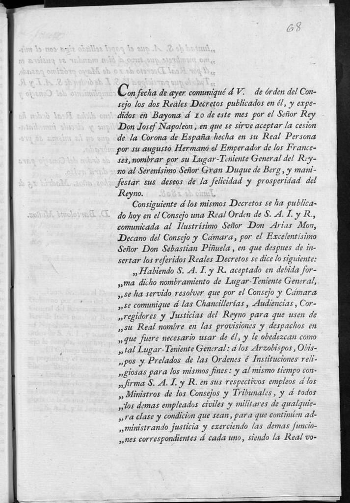 Miniatura de Traslado de Real Orden del rey José I confirmado en su puesto a todos los ministros y autoridades civiles y religiosas