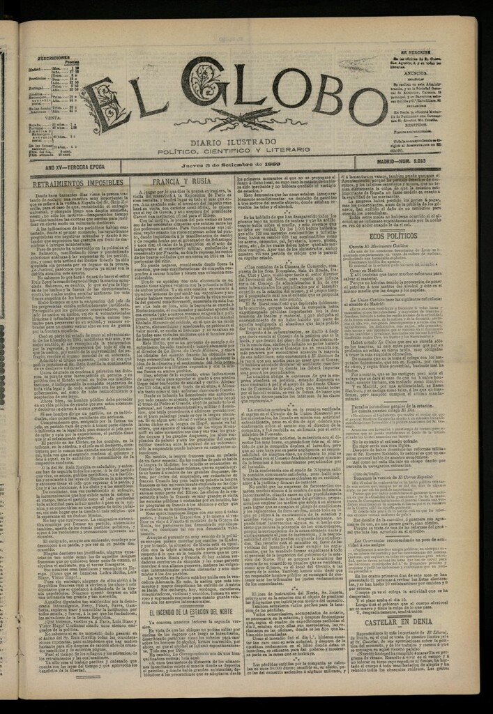 Miniatura de El Globo : diario ilustrado del 5 de septiembre de 1889, nº 5053