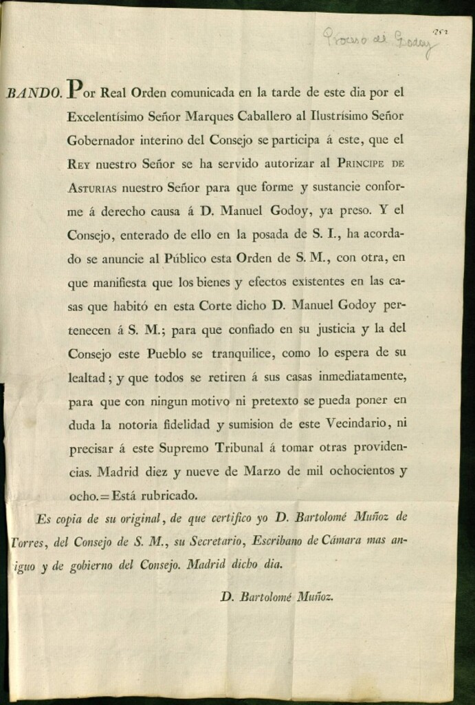 Miniatura de Bando comunicando el proceso a Godoy y la protección de sus bienes y efectos.