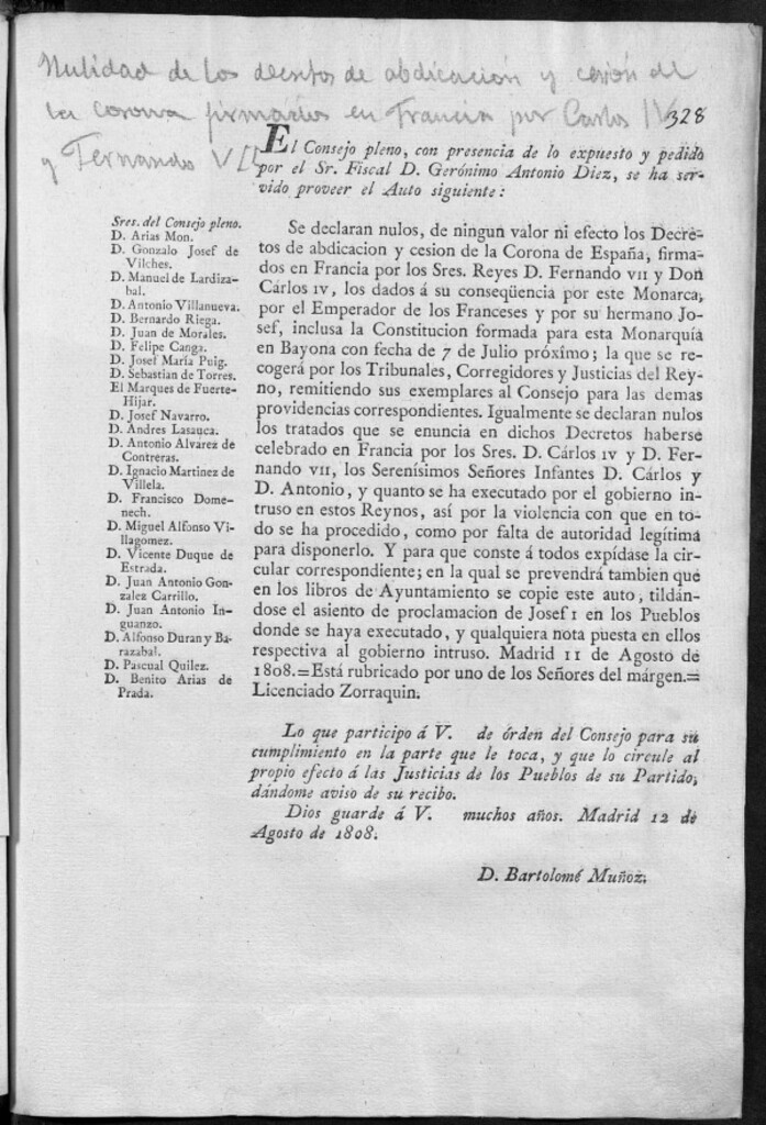 Miniatura de Proclama del Consejo alabando la valentía del pueblo español frente a los franceses y solicitando su ayuda para la defensa de Madrid. 5 de agosto de 1808