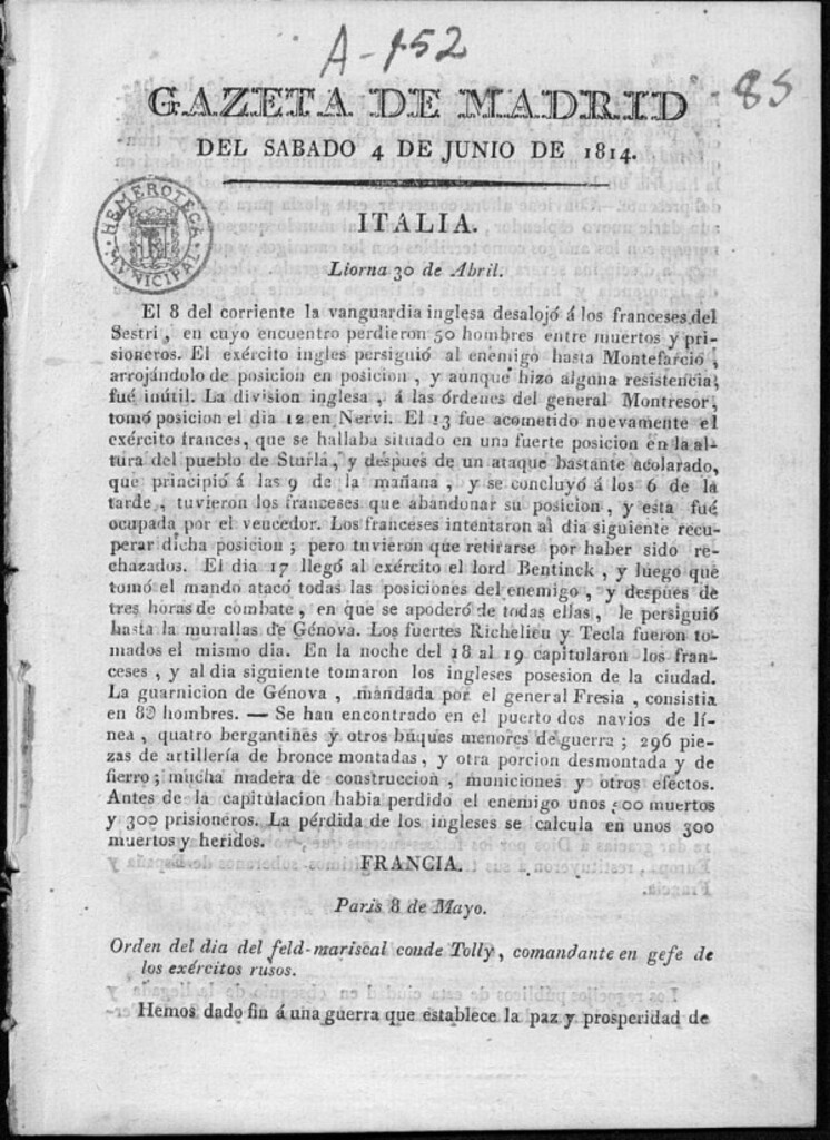 Miniatura de Gazeta de Madrid del sábado 4 de junio de 1814 (Palma de Mallorca)