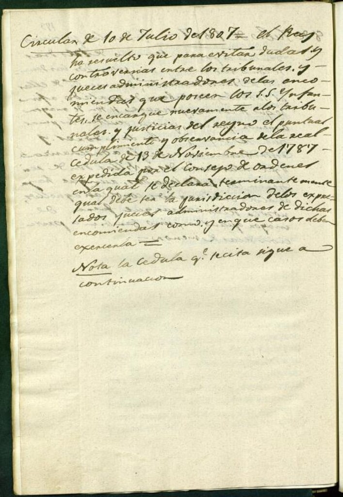 Miniatura de Circular de 10 de Julio de 1807. El Rey ha resuelto que para evitar dudas y controversias entre los tribunales y jueces administradores de las encomiendas (...)