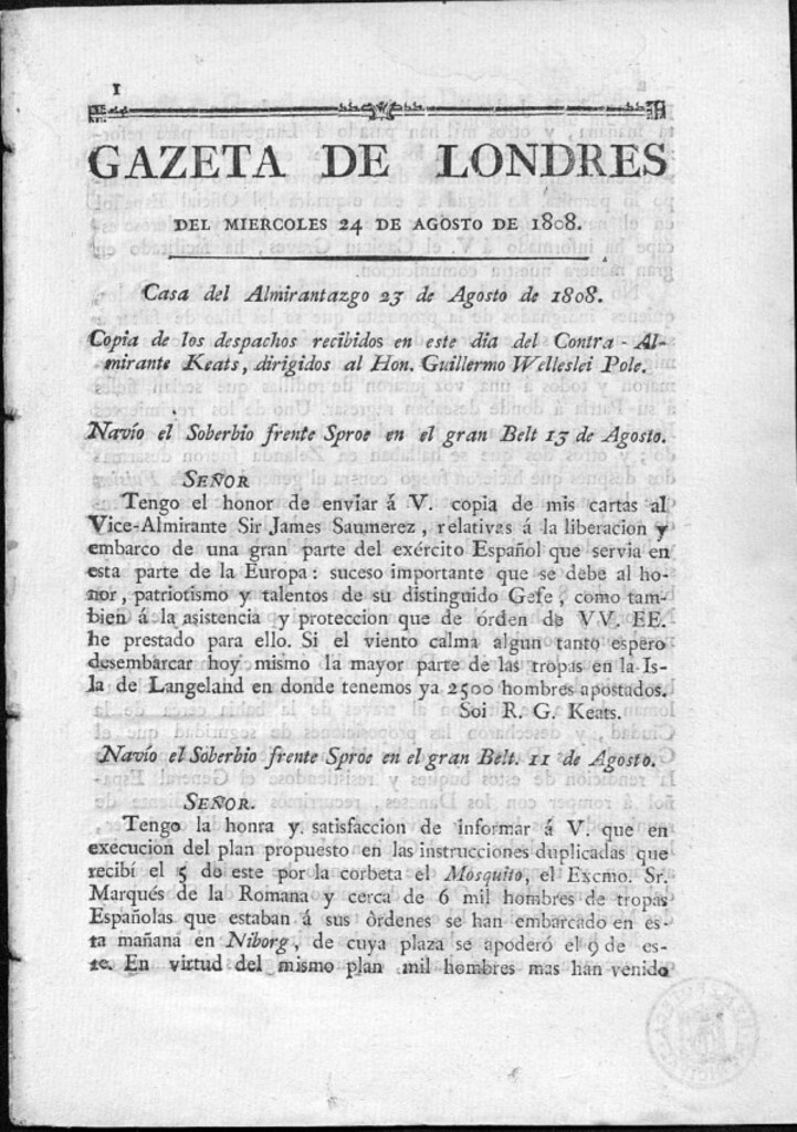 Miniatura de Gazeta de Londres del miércoles 24 de agosto de 1808