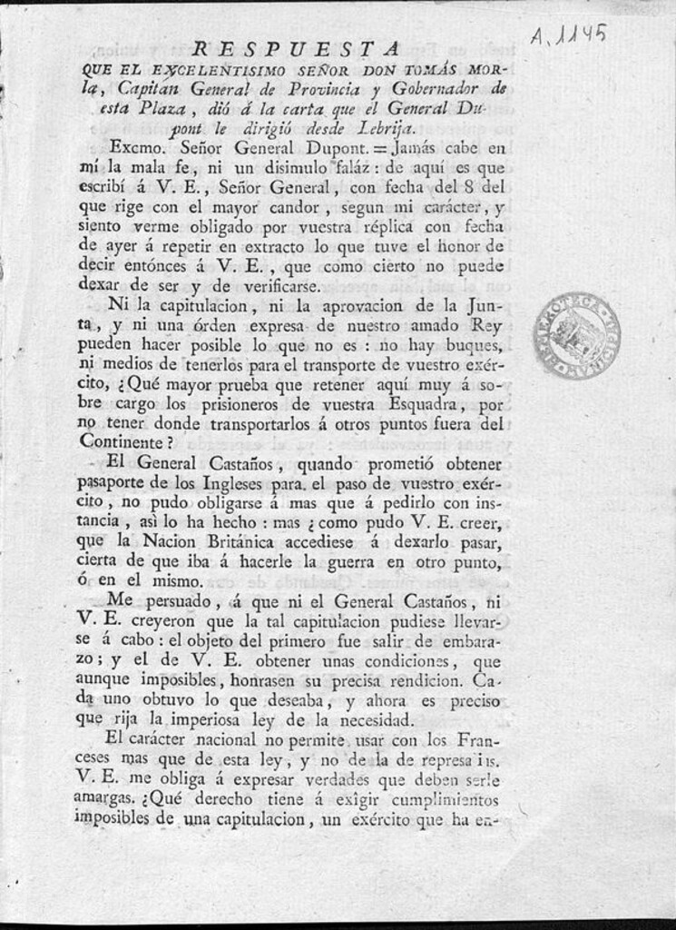 Miniatura de Respuesta que el Excelentísimo Señor Tomás Morla, Capitan General de Provincia y Gobernador de esta Plaza, dio a la Carta que el General Dupont le dirigió desde Lebrija