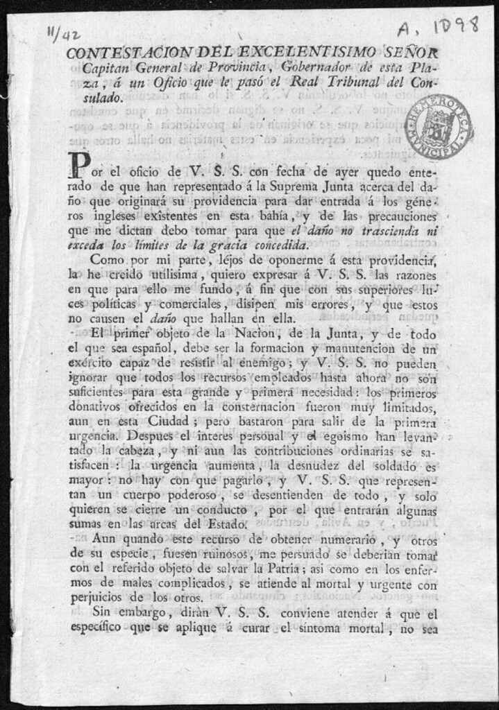 Miniatura de Contestación del Excelentísimo Señor Capitán General de Provincia; Gobernador de esta Plaza, a un oficio que le paso el Real Tribunal del Consulado