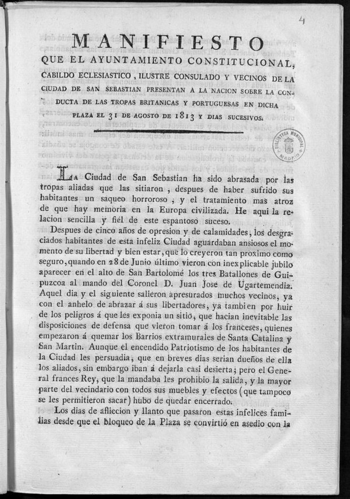Miniatura de Manifiesto que el Ayuntamiento Constitucional, Cabildo Eclesiástico, Ilustre Consulado y vecinos de la ciudad de San Sebastián presentan a la nación sobre la conducta de las tropas británicas y portuguesas en dicha plaza el 31 de agosto de 1813 y días sucesivos