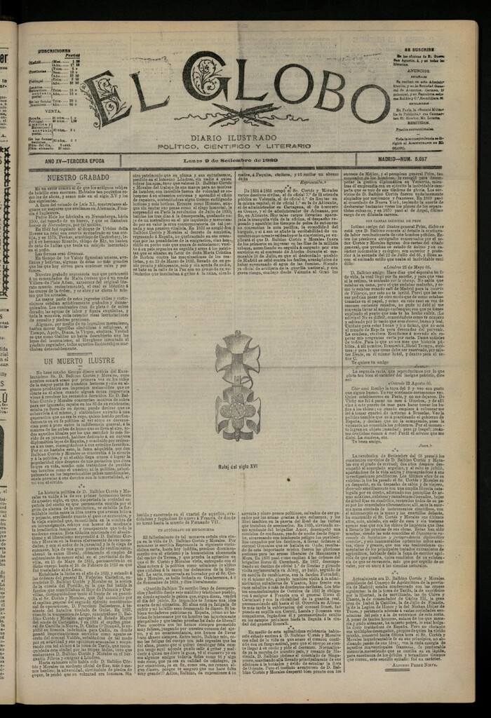 Miniatura de El Globo : diario ilustrado del 9 de septiembre de 1889, nº 5057