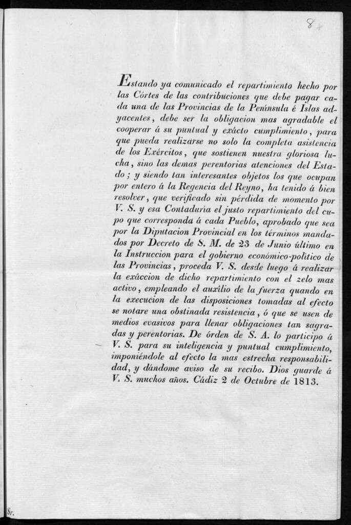 Miniatura de Estando ya comunicado el repartimiento hecho por las Cortes de las contribuciones que debe pagar cada una de las Provincias de la Península e Islas adyacentes...para que pueda realizarse no solo la completa asistencia de los exércitos, que sostienen nuest