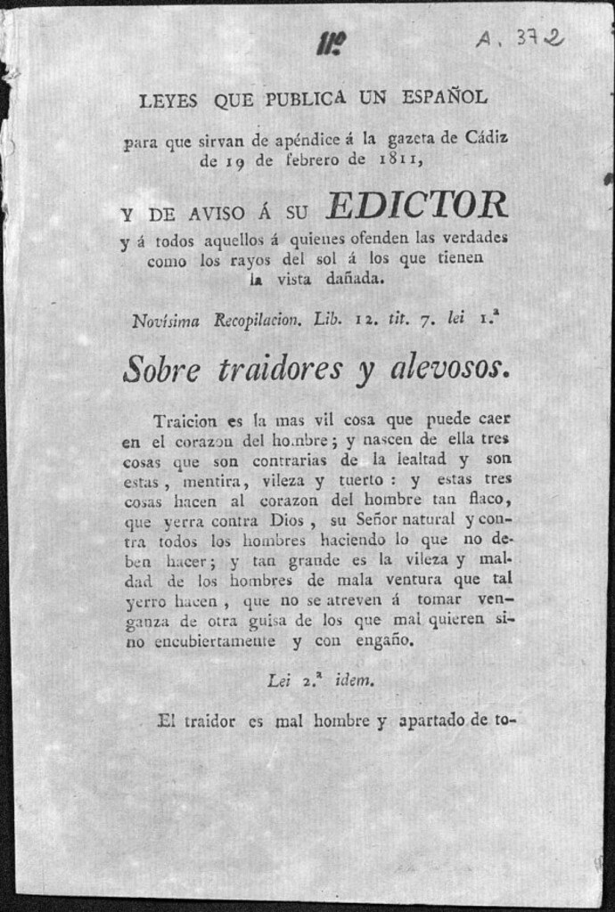 Miniatura de Leyes que publica un español para que sirvan de apéndice a la gazeta de Cádiz de 19 de Febrero de 1811: sobre traidores y alevosos