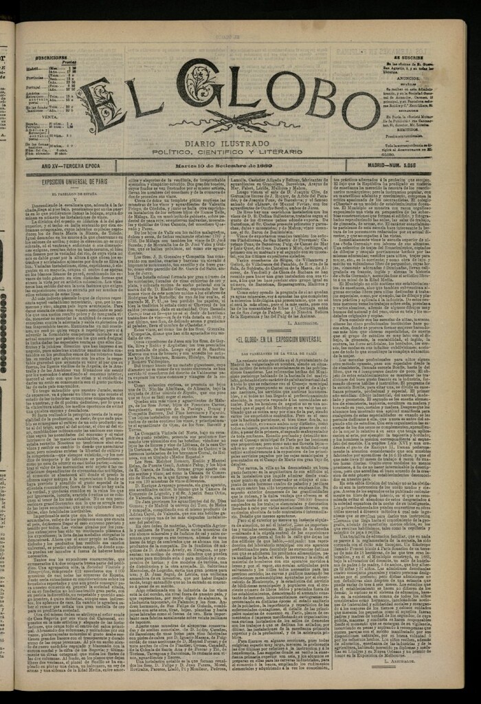 Miniatura de El Globo : diario ilustrado del 10 de septiembre de 1889, nº 5058