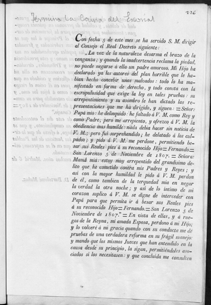 Miniatura de Comunicación de Real Decreto donde se da parte de la finalizaciónd e La Causa de El Escorial