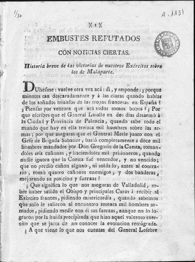 Miniatura de Embustes refutados con noticias ciertas: historia breve de las victorias de nuestros Exércitos sobre los de Malaparte