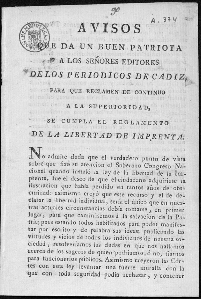 Miniatura de Avisos que da un buen patriota a los señores editores de los periódicos de Cádiz, para que reclamen de continuo a la superioridad, se cumpla el reglamento de la libertad de imprenta / J. A. B. De M.