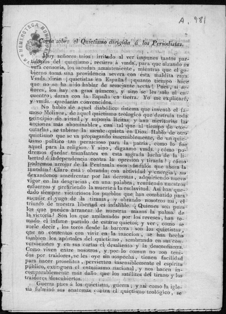 Miniatura de Carta sobre el quietismo dirigida a los periodistas