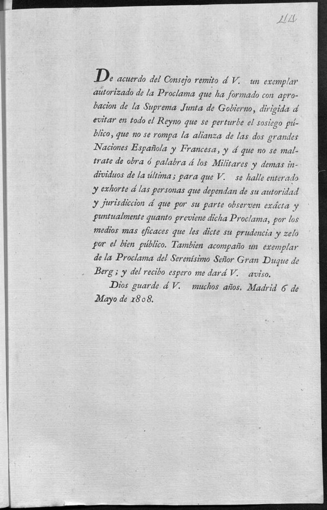 Miniatura de De acuerdo del Consejo remito á V. un exemplar autorizado de la Proclama...dirigida á evitar en todo el Reyno que se perturbe el sosiego público, que no se rompa la alianza de las dos grandes Naciones Española y Francesa....
