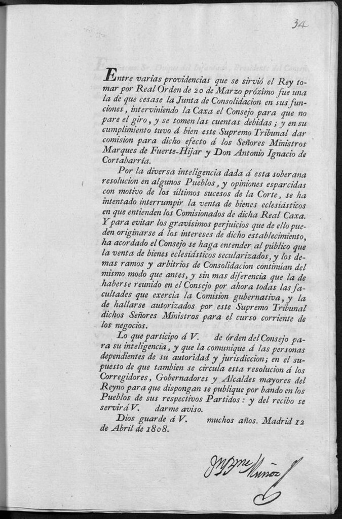 Miniatura de Entre varias providencias que se sirvió el Rey tomar por Real Orden de 20 de Marzo próximo fue una la de que cesase la Junta de Consolidación en sus funciones, interviniendo la Caxa el Consejo para que no pare el giro, y se tomen las cuentas debidas;..."
