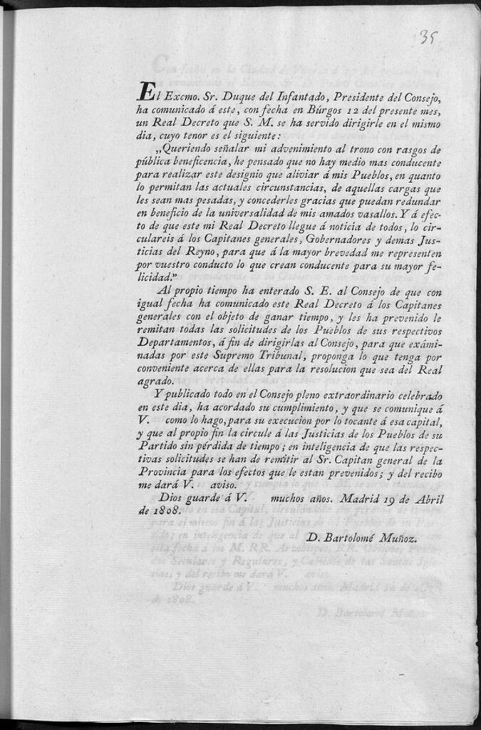 Miniatura de El Excmo. Sr. Duque del Infantado, Presidente del Consejo, ha comunicado á este, con fecha en burgos 12 del presente mes un Real Decreto que S.M. se ha servido dirigirle en el mismo dia, cuyo temor es el siguiente: "Queriendo señalar mi advenimiento al trono con rasgos de pública beneficencia..."