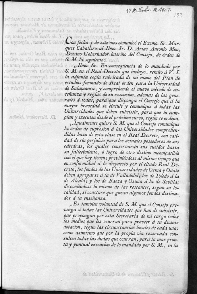 Miniatura de Comunicación del Real Decreto donde se da cuenta del Plan de estudios de la Universidad de Salamanca, y que comprende el nuevo método de enseñanza y reglas de su ejecucion.