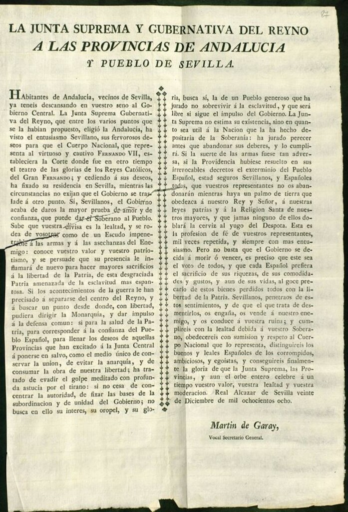 Miniatura de La Junta Suprema y Gubernativa del Reyno a las provincias de Andalucia y pueblo de Sevilla : habitantes de Andalucía, vecinos de Sevilla, ya teneis descansando en vuestro seno al Gobierno Central...