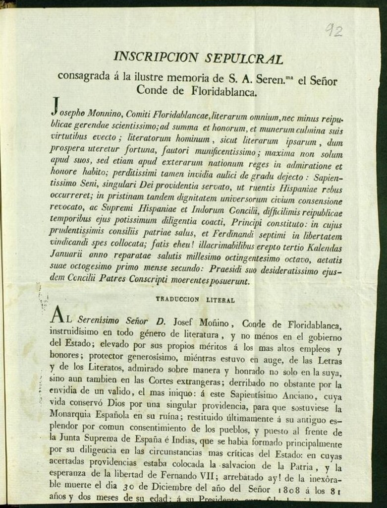 Miniatura de Inscripcion sepulcral consagrada à la ilustre memoria de ... el ... Conde de Floridablanca