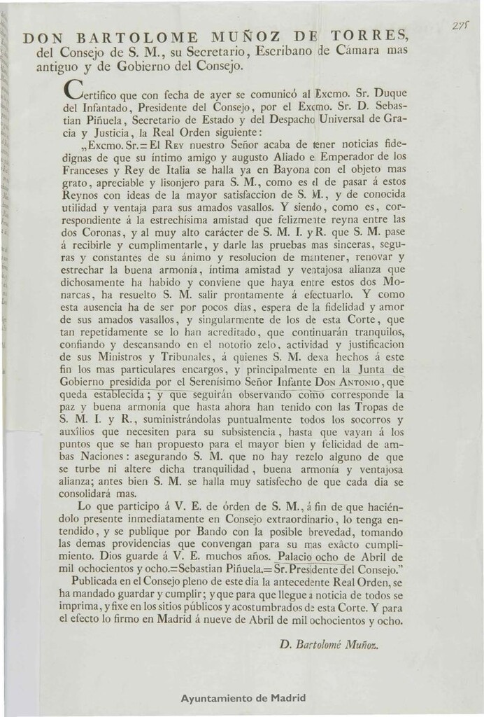 Miniatura de Bando en el que se comunica el viaje de Fernando VII a Bayona