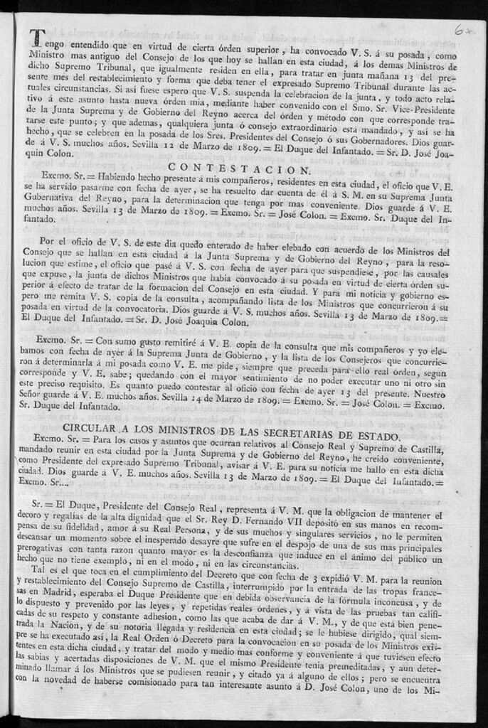 Miniatura de Tengo entendido que en virtud de cierta órden superior, ha convocado V.S. á su posada, como Ministro mas antiguo del Consejo de los que hoy se hallan en esta ciudad...