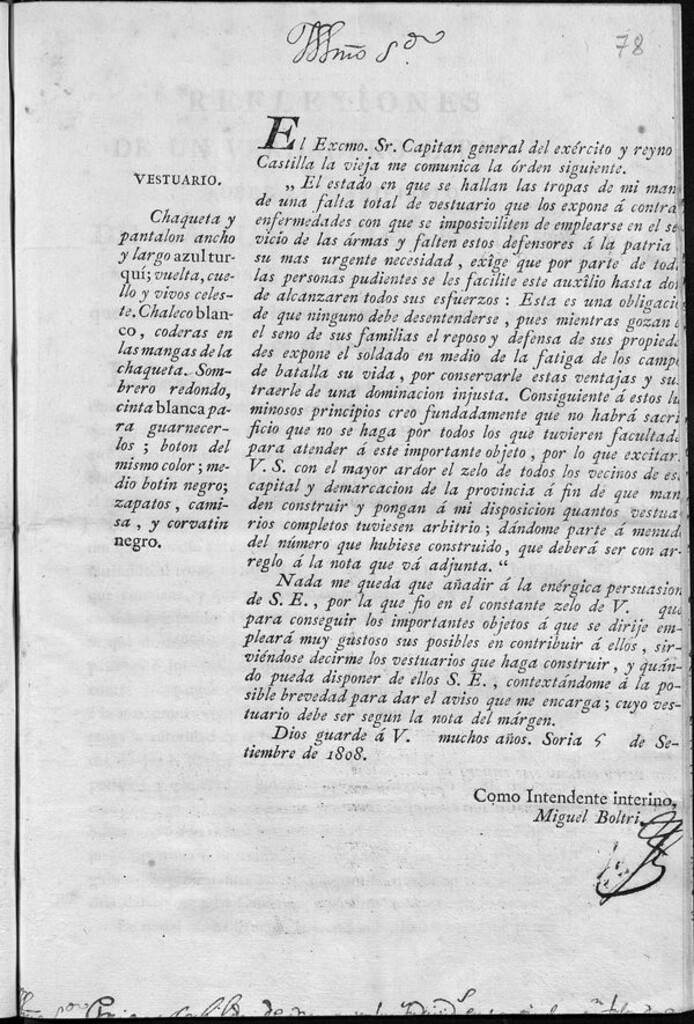 Miniatura de El Excmo. Sr. Capitán General del exercito y reyno [de] Castilla la Vieja me comunica la orden siguiente, el estado en que se hallan las tropas de mi man[do] de una falta total de vestuario que los expone a contra[er] enfermedades...