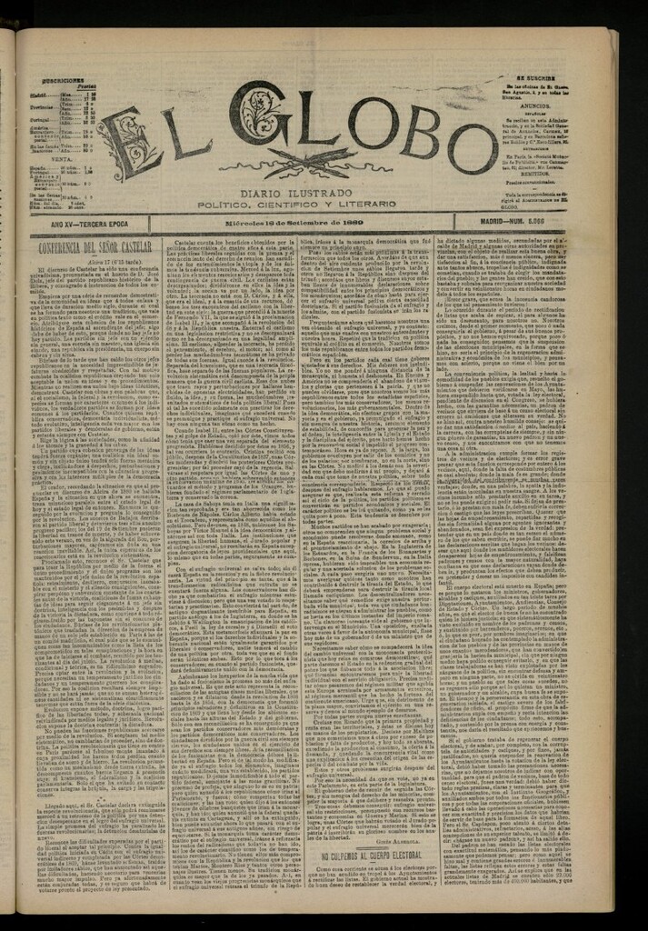 Miniatura de El Globo : diario ilustrado del 18 de septiembre de 1889, nº 5066