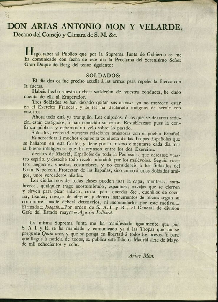 Miniatura de Edicto de la Junta Suprema con copia de la proclama del duque de Berg a los soldados franceses y al pueblo español para instaurar de nuevo la confianza y la tranquilidad, dando orden de soltar a los presos