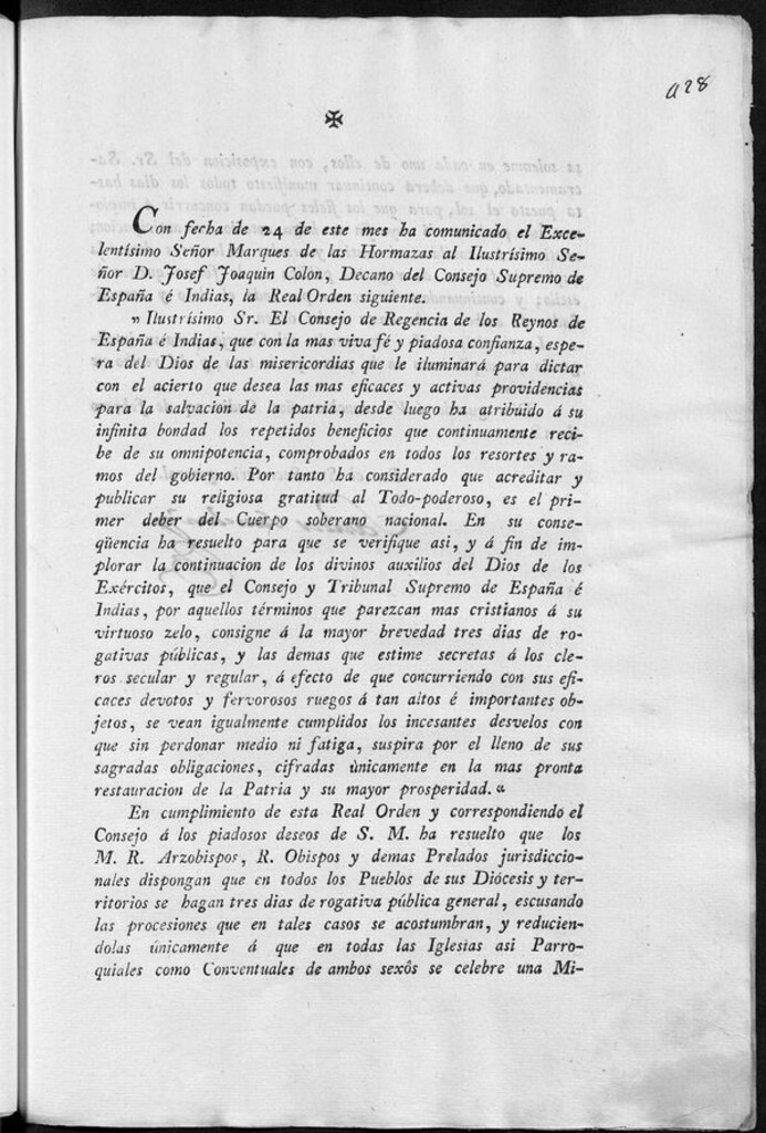 Miniatura de Con fecha de 24 de este mes ha comunicado el Excelentísimo Señor Marques de las Hormazas al Ilustrísimo Señor D. Josef Joaquín Colon...