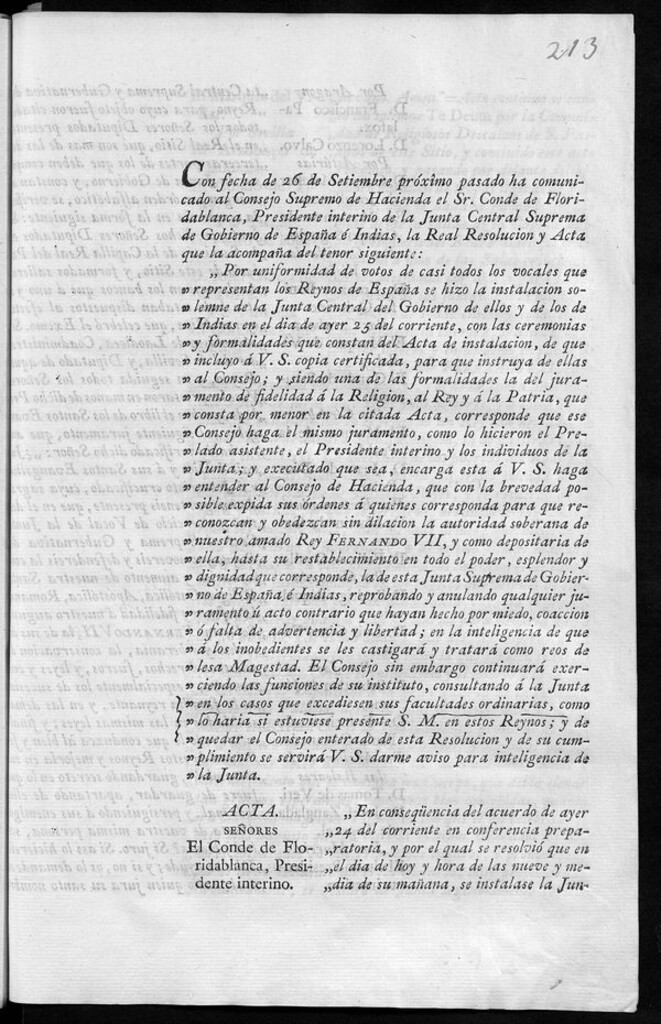 Miniatura de Con fecha 26 de Septiembre ... ha comunicado al Consejo Supremo de Hacienda el Sr. Conde de Floridablanca... la Real resolución y Acta que la acompaña a tenor siguiente: Por uniformidad de votos de casi todos los vocales que representan los Reynos de España, se hizo la instalacion solemne de la Junta Central de Gobierno de ellos y de los de Indias...