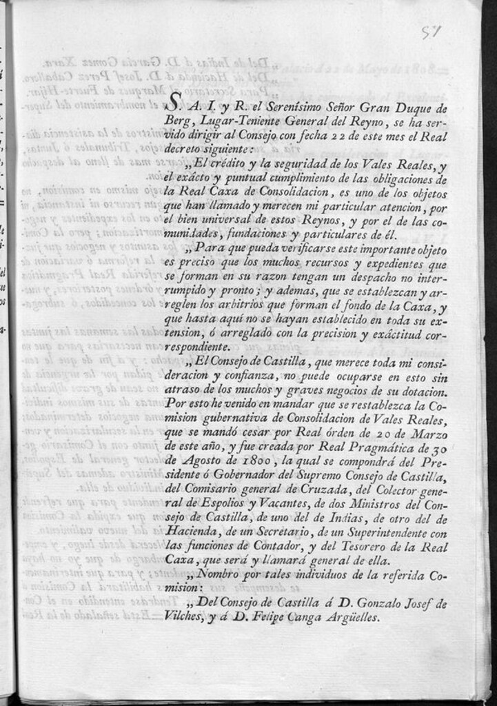 Miniatura de Decreto del Duque de Berg restableciendo la Comisión gubernativa de vales reales y nombrando a sus representantes, así como el nombramiento del Conde de Cabarros como Superintendente