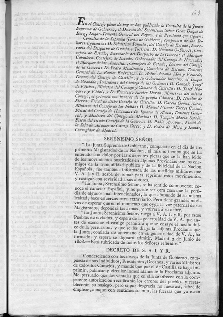 Miniatura de Traslado de la Consulta de la Junta Suprema de Gobierno al Duque de Berg (Madrid 3 de junio de 1808), del Decreto del Duque de Berg accediendo a la publicación y proclama de la Junta pidiendo tranquilidad a los españoles y apaciguando los conatos de revuelta