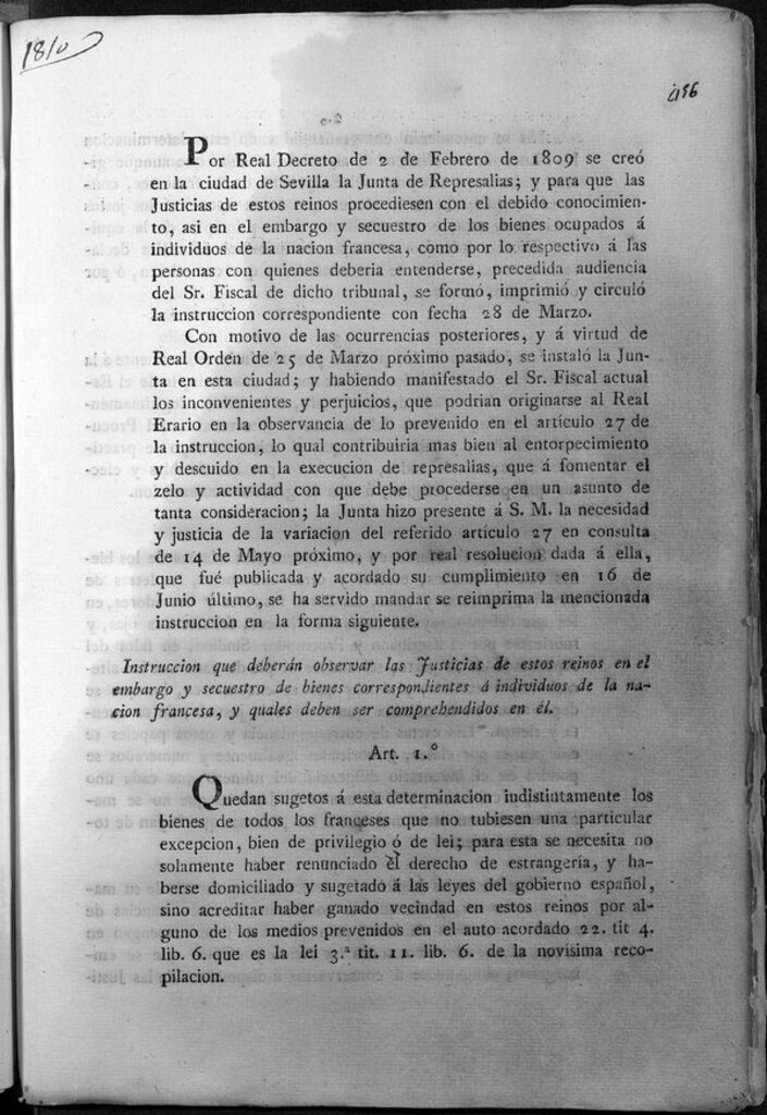 Miniatura de Por Real Decreto de 2 de Febrero de 1809 se creó en la ciudad de Sevilla la Junta de Represalias; y para que las Justicias…