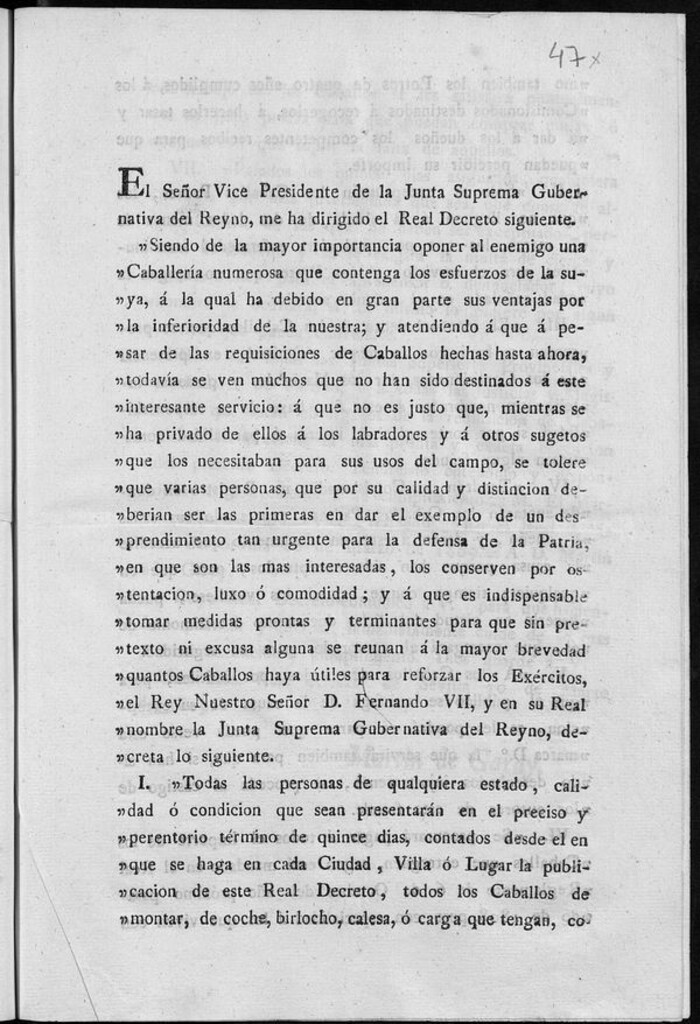 Miniatura de El Señor Vice Presidente de la Junta Suprema Gubernativa del Reyno me ha dirigido el Real Decreto siguiente, "Siendo de la mayor importancia oponer al enemigo una Caballería numerosa que contenga los esfuerzos de la suya ..."