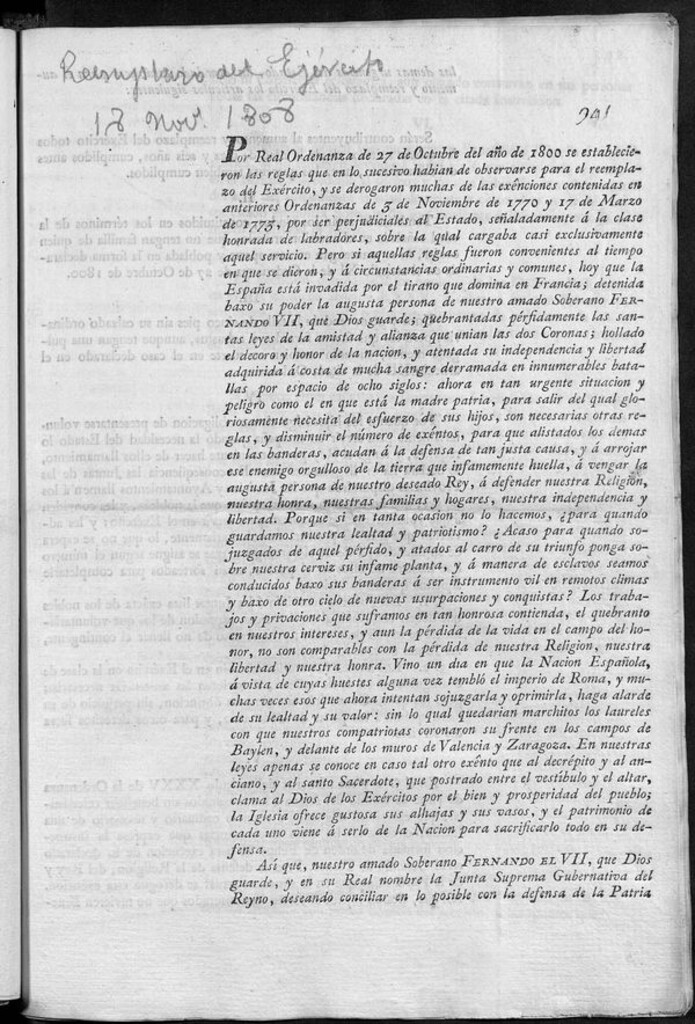 Miniatura de Por Real Ordenanza de 27 de octubre del año de 1800 se establecieron las reglas que en lo sucesivo habian de observarse para el reemplazo de Exército ... Fernando el VII ... y en su Real nombre la Junta Suprema Gubernativa del Reyno ... ha acordado establecer para el aumento y reemplazo del exercito los artículos siguientes...en todo lo demás se observará los establecido en la ordenanza de 27 de octubre de 1800....