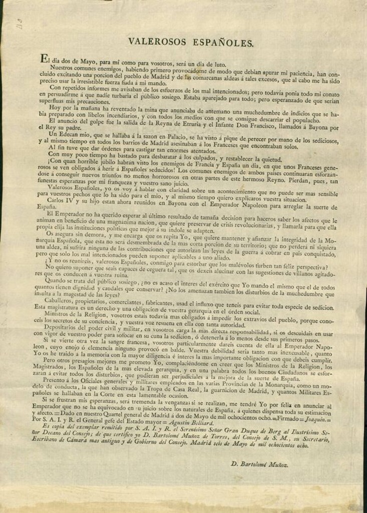Miniatura de Proclama y copia del comunicado del Duque de Berg (Murat) al Decano del Consejo instando a los españoles a la calma tras los desastres del dos de mayo