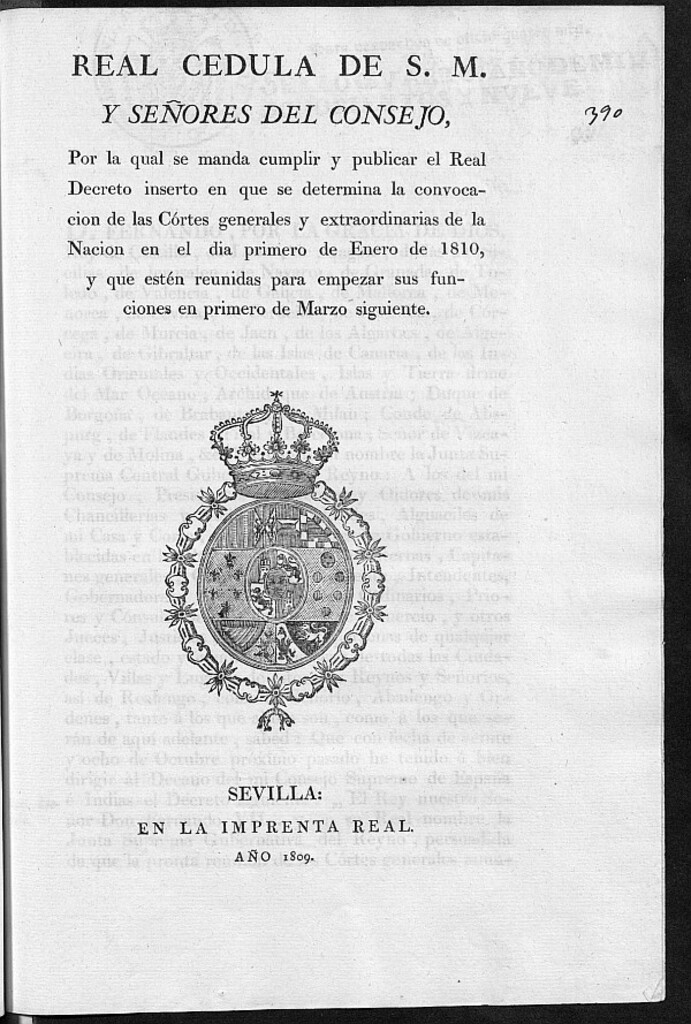 Miniatura de Real Cédula por la que se manda publicar la convocatoria de Cortes Generales el 1 de Enero de 1810