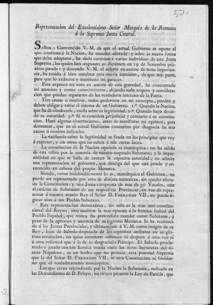 Miniatura de Representación del... Señor Marqués de la Romana á la Suprema Junta Central, "Señor, convencido V.M. de que el actual Gobierno se opone al que conviene á la Nación, ha resuelto alterarle...