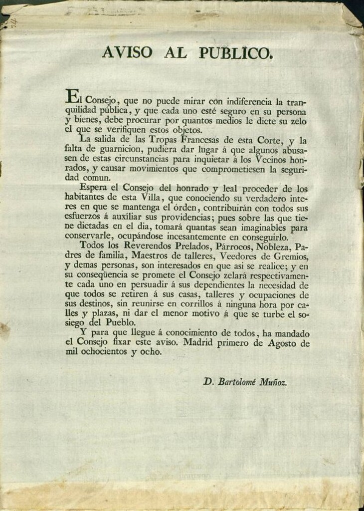 Miniatura de Aviso al público : [del Consejo de Castilla, ante la inminente salida de las tropas francesas de Madrid, dictando medidas que limitan la libertad de reunión]