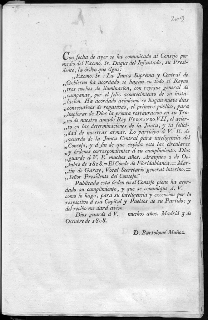 Miniatura de Traslado de la Orden de la Junta Central al Consejo por la que se manda la iluminación y repique de campanas durante 3 días con motivo de su instalación (de la Junta) y rogativas para la restauración en el trono de Fernando VII