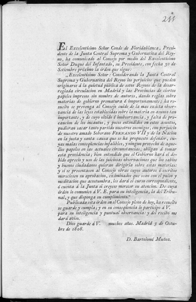Miniatura de Traslado de la Orden de la Junta Central al Consejo acerca de la circulación de impresos anónimos en Madrid y provincias dando ordenes de gobierno para que no se les de crédito. Madrid, 3 de octubre de 1808.